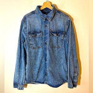 BUFFALO DAVD BITTON Blue Distressed Denim Button Down Shirt Jacket Men’s Large